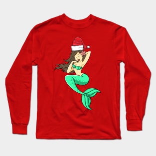 Santa Hat-Wearing Mermaid Funny Christmas Holiday Long Sleeve T-Shirt